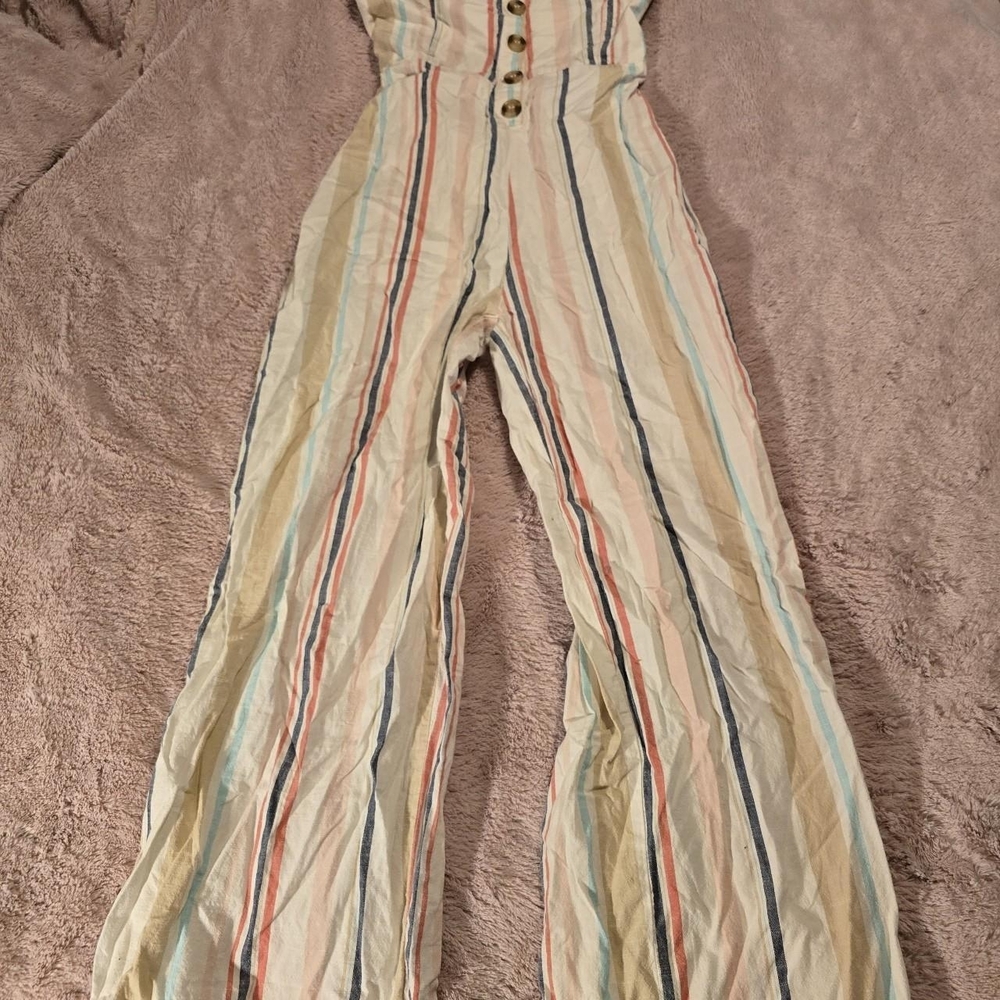 Japna Cream and Blue Striped Jumpsuit
